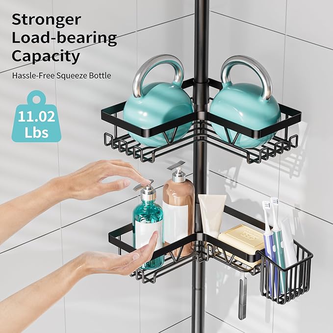 KEGII Shower Caddy Corner Tension Pole with Toothbrush Holder - Adjustable Corner Shower Organizer with Tooth Brush Holder, No Drilling Rustproof Bathroom Shelf Storage Rack, Fits 25-114.2 Inch