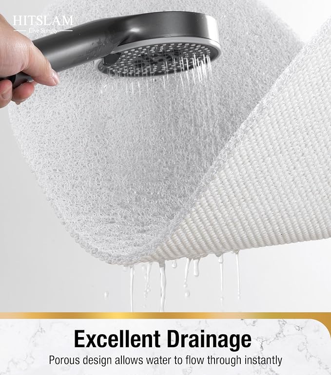 HITSLAM Oval Loofah Shower Mat Non Slip, 27x16 Inch Bath Mat for Textured Tub & Inside Shower Stall, No Suction Cups Quick Drying PVC Porous Floor Mat, Soft Foot Exfoliating Bathtub Mat, White