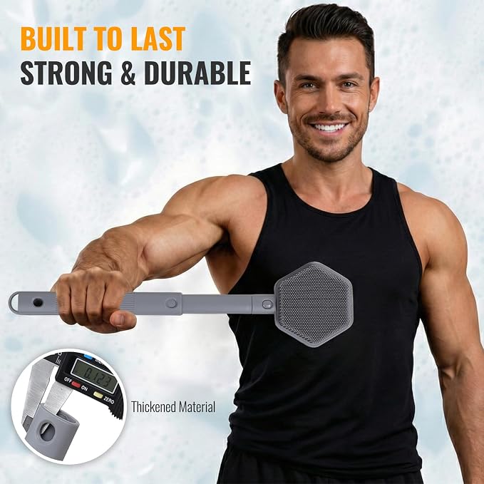 AIMAIAIMAI Silicone Back Scrubber for Shower – 21in Extendable Shower Brush with Long Handle – Dual-Sided Back Brush with Non-Slip Grip, Gentle Cleansing & Exfoliation for Men, Women, Elderly (Gray)