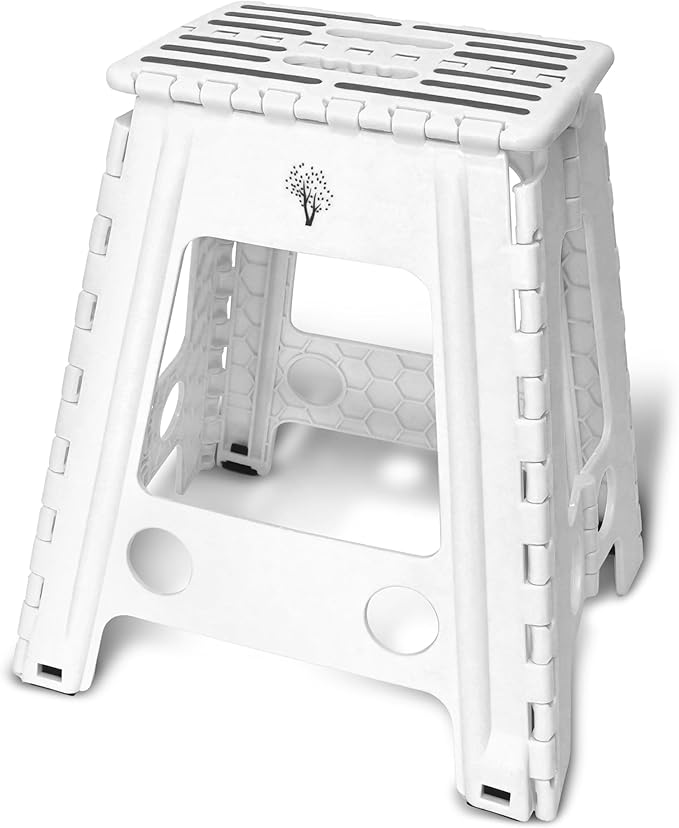 Inspired Living 18" Step Stool, Folding Step Stools for Adults, Plastic Foldable Step Stools Kids, Holds Up to 330 lbs, Collapsible Folding Stool for Kitchen, Bathroom, Bedroom (White Black, 18" High)