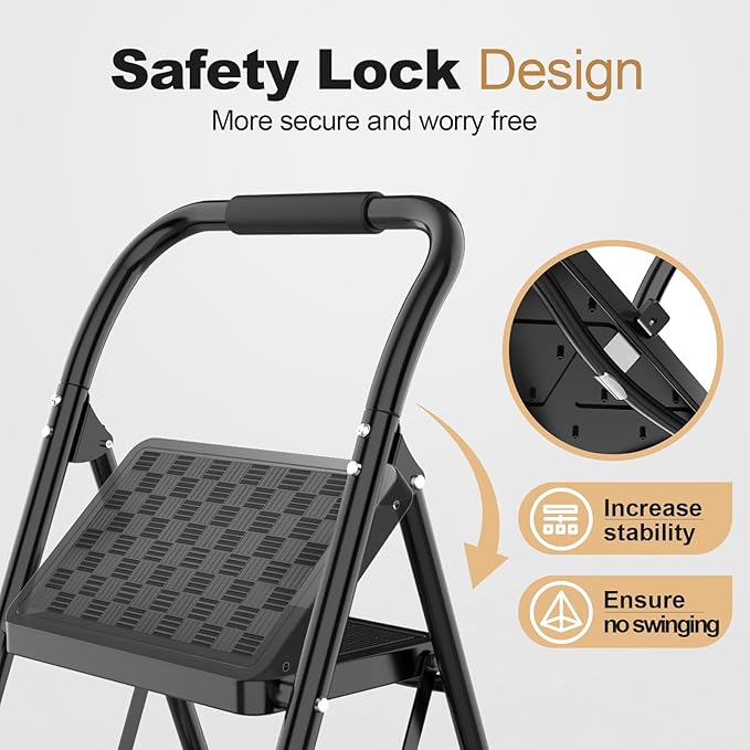 HBTower 3 Step Ladder, Step Stool Foldable for Adults with Wide Anti-Slip Pedal, Lightweight 3 Step Ladders for Home, Black