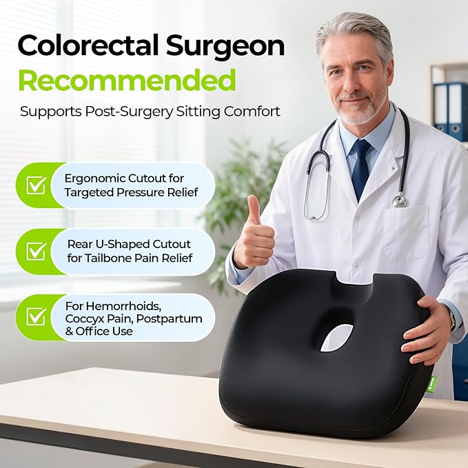 AUVON Innovative Donut Pillow Hemorrhoids Scientific Center Hole and Tailbone Cutout, Orthopedic Pain Relief Donut Seat Cushion for Coccyx, Sciatica, Postpartum Pregnancy, After Surgery Sitting Relief