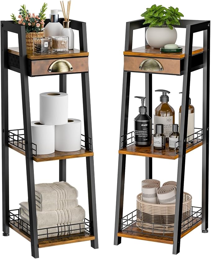 keomaisyto 3-Tier Narrow Bathroom Shelves with Drawer, Bathroom Organizers and Storage, Open Floor Ladder Shelf, Freestanding Tower Slim Standing Unit for Small Spaces - Rustic Brown
