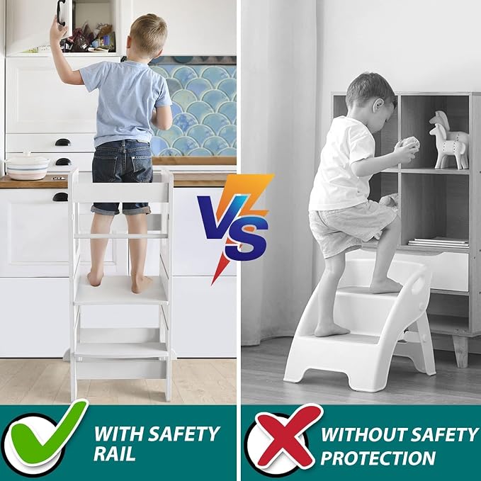 Kitchen Step Stool, WOOD CITY Toddler Kitchen Stool Helper with Safety Rail, Height Adjustable Child Standing Tower Learning Stool for Counter and Bathroom Sink (White)