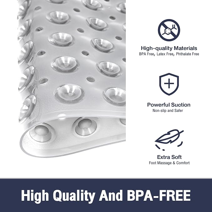 Extra Long Bathtub Mat Non Slip, Clear Gray Soft Bath Mat for Tub 40 x 16 Inch Full Size, Bath Tub Shower Mats for Bathroom Floor, Big Suction Cups and Drain Holes, Easy Washable, BPA Free