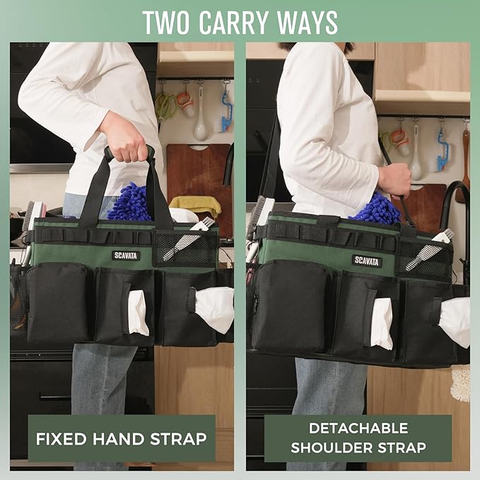 SCAVATA Wearable Cleaning Caddy Bag, Cleaning Caddy Supplies Organizer with Handle & Shoulder Straps for Housekeepers, Under Sink & Car Cleaning Tool Organizers with 4 Foldable Divider (TreeGreen)
