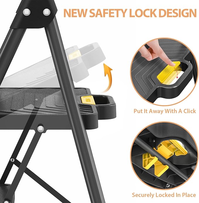 TOOLF 2 Step Ladder, Sturdy Steel Step Stool with Anti-Slip Wide Pedals, Handrail, Safe-Lock Design, Folding Portable Ladder for Multi-Purpose, Home, Kitchen, Pass 800lbs Load Testing, Black