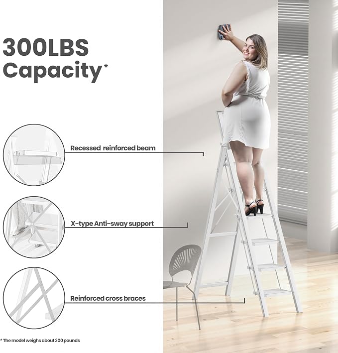 SOLADDER 6 Step Ladder, Folding Step Stool with Handgrip and Anti-Slip Wide Pedal, Portable Lightweight Aluminum Stepladder for Kitchen, Home, Library, Office (300 lbs Capacity) - White