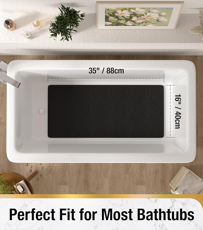 HITSLAM Bathtub Mat Non Slip, 35 x 16 Inch Long Soft PVC Loofah Shower Mat, Bath Mat for Tub Without Suction Cups, Quick Drying Bath Tub Mat for Shower and Bathroom, Easy to Clean, Black