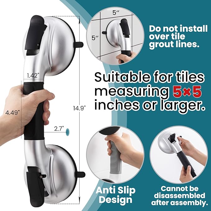 TAILI Grab Bars for Bathtubs and Showers,2 Pack Shower Handles for Elderly Suction,Maximum 330lbs,Shower Grab Bar with Upgraded Rubber Suction Cups, Safety Grip for Senior, No Drilling Removable,Black