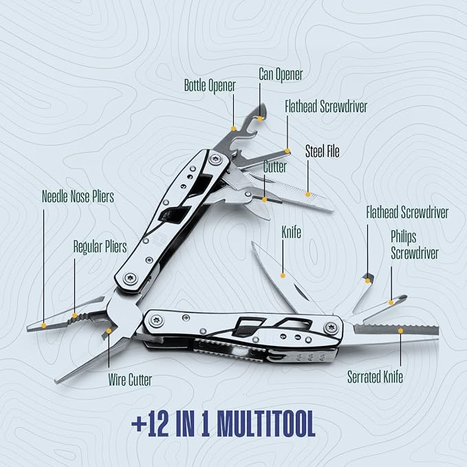 Multitool Plier - 12 In 1 Stainless Steel Pocket Multi Tool With Durable Sheath For Camping, Survival Gear - Safety Locking Camping Accessories With Cutter, Bottle Opener, Screwdriver by Hayvenhurst