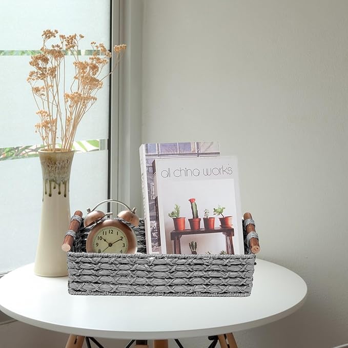 Small Storage Basket Wicker Baskets for Organizing with Handle Decorative Storage Bin for Countertop Toilet Paper Basket for Toilet Tank Top Small Baskets,Light Grey
