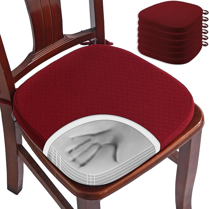 BUYUE Luxury Memory Foam Chair Cushions 6 Pack, Jacquard 16" U-Shape Comfortable Dining Chair Pads, Removable Slip Resistant Kitchen Chair Seat Cushions (Set of 6, Burgundy)