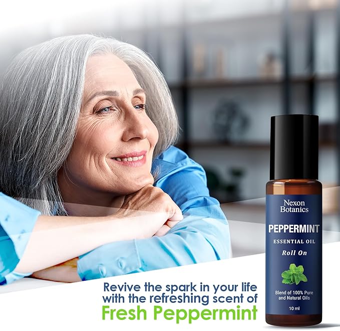 Peppermint Essential Oil Roll-On 10 ml - Pure, Natural & Prediluted Blend with Fresh Minty Aroma - Roller for Aromatherapy & Headache Relief - Nexon Botanics