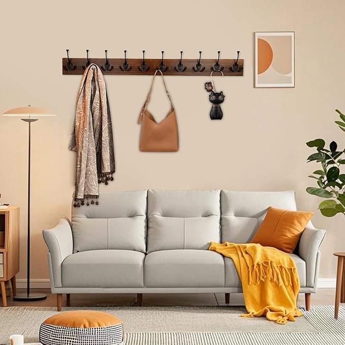IBosins 34'' Coat Rack Wall Mount with 10 Decorative Tri-Hooks, Heavy Duty Wood Coat Hanger, Rustic Coat Hooks Rail for Entryway Living Room Coat Scarf Bag Towel Hat