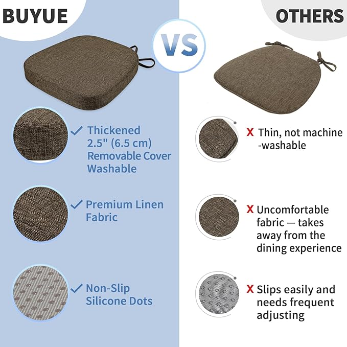 BUYUE Thickened 2.5" Dining Chair Cushions Set of 4, U-Shape High Density Foam Comfortable Chair Pads for Kitchen, Slip Resistant Indoor Seat Cushions (4 PCS, Brown)