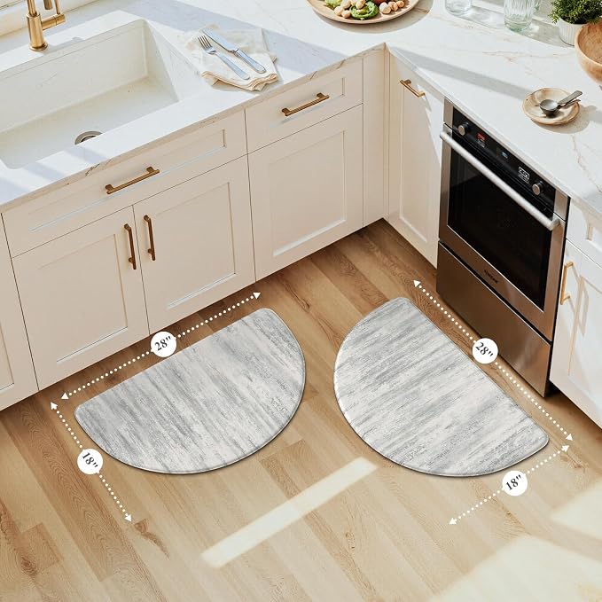 KIMODE Kitchen Mats Cushioned Anti Fatigue, 18"x28" Half Round Abstract Kitchen Rugs Sets of 2, Non Slip Waterproof Kitchen Floor Mats, Comfort Standing Mats for Laundry Office Sink Desk Gray