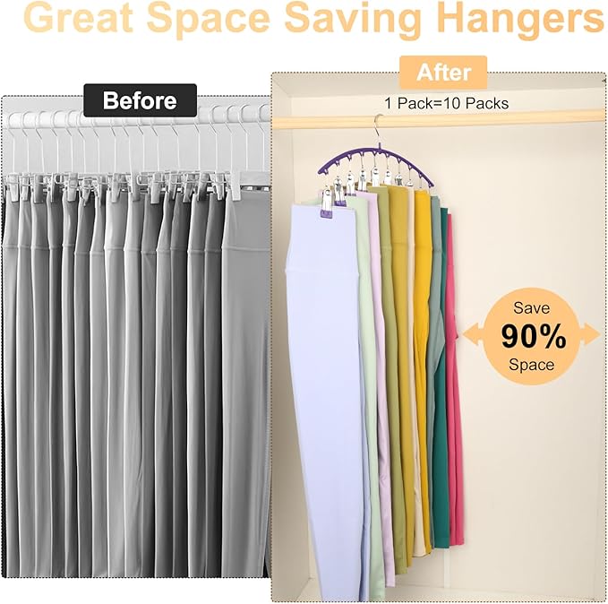 Legging Organizer for Closet, Metal Yoga Pants Hanger w/Rubber Coated 4 Pack w/10 Clips Hold 40 Leggings, Hangers Space Saving Hanging, Closet Organizers and Storage-Purple