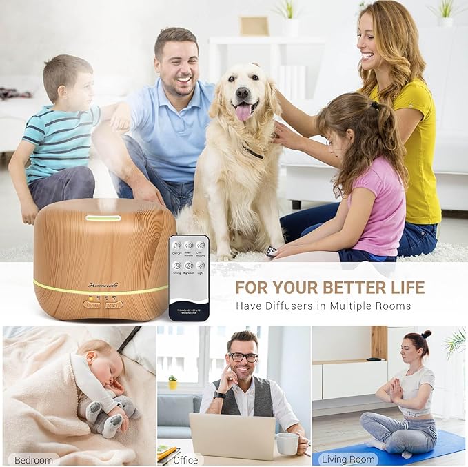 Homeweeks 300ml Essential Oil Diffuser, Quiet Aromatherapy Mist Diffusers for Essential Oils, Wood Grain, Ultrasonic, Remote Control, Timer, 7 Colors Light for Bedroom (300ml Yellow Wood Grain)
