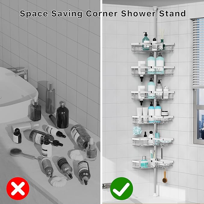 KEGII Corner Shower Caddy Tension Pole, Adjustable Shower Tension Rod Organizer, Floor to Ceiling Shower Caddy 25-114.2 inch, Silver