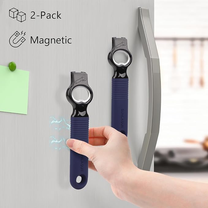 2-Pack Magnetic Beer Bottle Opener & Soda Can Opener, 2-in-1 Bottle Opener and Can Tab Opener Tool for Bartender, Long Nails, Arthritis, Silicone Handle with Build in Magnet - Navy Blue