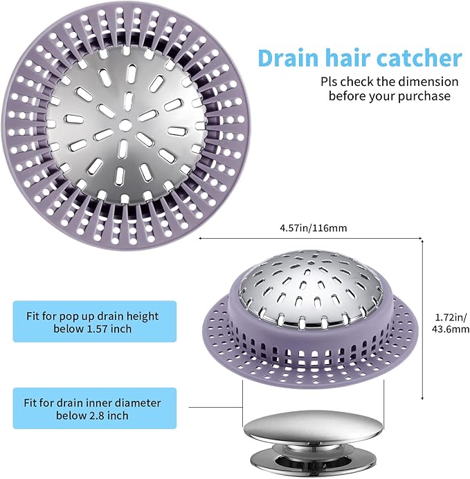 Aluvor Bathtub Drain Hair Catcher Shower Drain Cover Sink Drain Protector for Pop-Up & Regular Drains, Purple