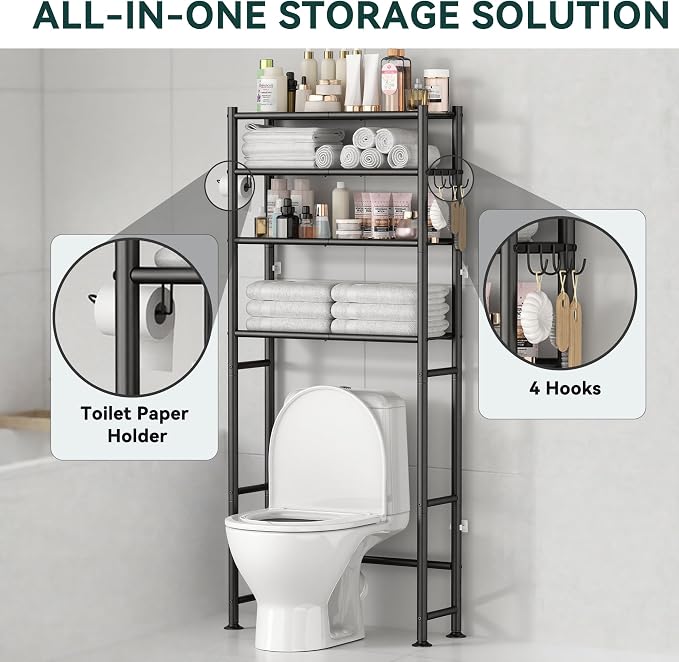 GloTika 4-Tier Over The Toilet Storage, 200lb Total Capacity Metal Bathroom Organizer with 36" Clearance, Includes Paper Holder & 4 Hooks, Space Saving Rack for Bathroom Laundry Room (64" H, Black)