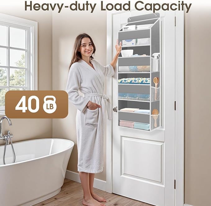 SpaceHacks 1 Pack Over The Door Organizer, Hanging Storage Organizer with Clear Window, 40lb Ultra Sturdy Large Capacity Room Organizer for Pantry Laundry Bathroom Nursery Closet Baby Essential (Grey)
