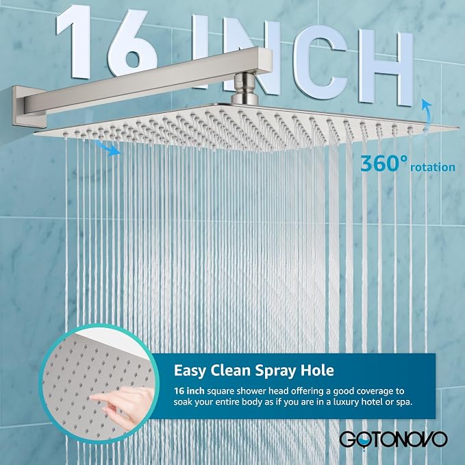 gotonovo Rainfall Bathroom Shower System Rain Shower Head and Handle Set Wall Mounted Shower Complete Combo Solid Brass Pressure Balancing Shower Mixer Valve 16 Inch Brushed Nickel