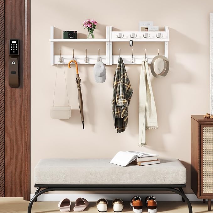 YMYNY 31.5" Coat Rack Wall Mount with Shelf, 4 in 1 Key and Coat Hanger with 12 Metal Hooks, Wall Shelf with Hooks & Mail Holder for Living Room, Bedroom, White, HWS007W-2