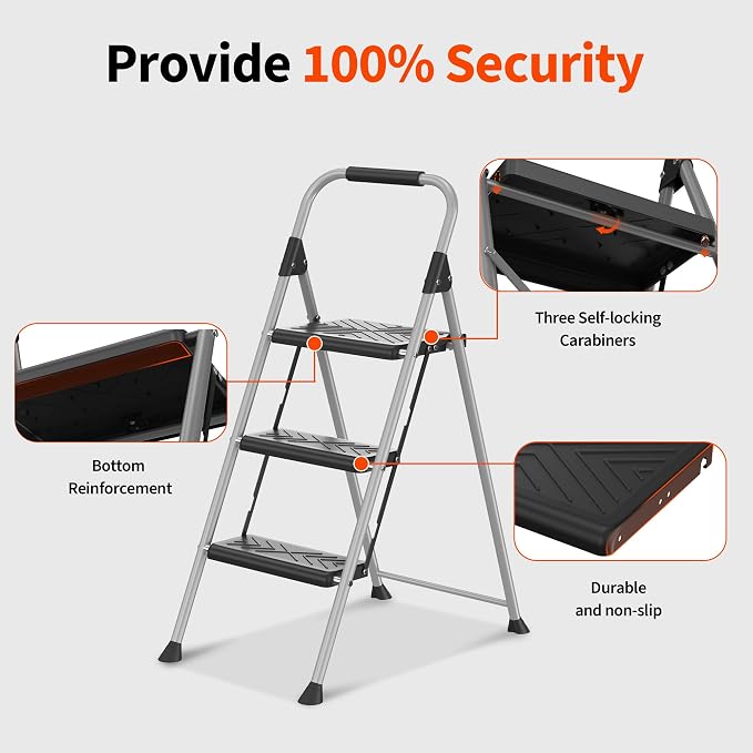 DIAMONDFORGE 3-Step Ladder Folding Step Stool with Anti-Slip Wide Pedal & Soft Handle, Heavy Duty Steel Construction, 900 lbs Capacity for Home & Office, Grey