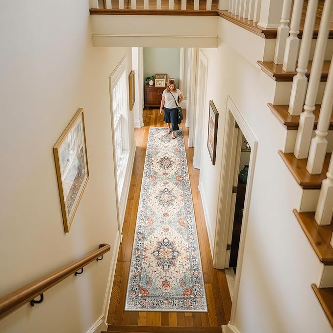 RELEANY Area Rugs Runner 2'x10' Washable Non-Slip, Floral Vintage Distress Medallion Carpet for Kitchen Hallway Bedroom Beside Laundry Room Bathroom, Beige Navy Blue Orange Colorful