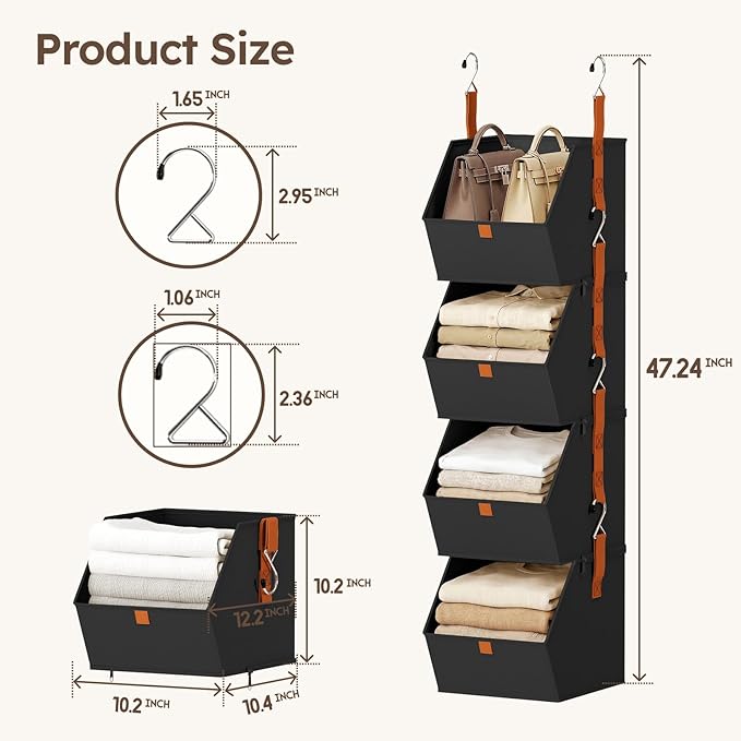 Homsorout Hanging Closet Organizer 4 Tier - Clothes Hanging Shelves, Space-Saving Closet System, Fabric Storage Bins Bedroom Organization, Collapsible Baskets for Home, Dorm, Rv, Black