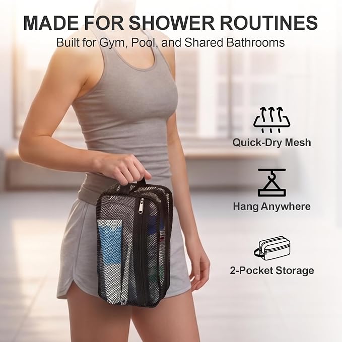 F-color Mesh Shower Caddy Portable with Zipper - 2 Pockets Small Shower Bag Tote for Camping, Gym, Travel, Toiletry, Quick Dry Bathroom Essentials with S Hook, Black