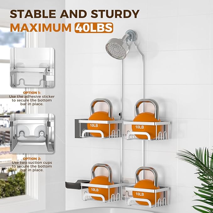 REINHARDT Adjustable Shower Caddy Hanging Split Shower Caddy for Handheld Showerheads, Rustproof Shower Organizer with Hooks for Razor Over the Head Caddy with Soap Holder Bathroom Accessories, Silver
