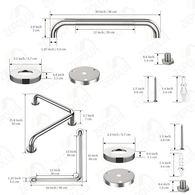 Polished Chrome L-Shaped Grab Bar 16x16 Inch + Knurled Shower Grab Rail 20 Inch, Zepolu Stainless Steel Angled Toilet Safety Bar, Bathroom Mobility Aid Handrail, Balance Support Assist Bar for Senior
