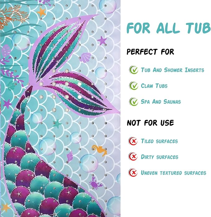 Mermaid Bathtub Mat Non Slip, Cute Baby Bath Mat for Tub Rubber Tub Mat, Kids Bath Mats for Bathroom Little Girls Anti Slip Shower Mat with Suction and Drain Holes Machine Washable, 40″X16″