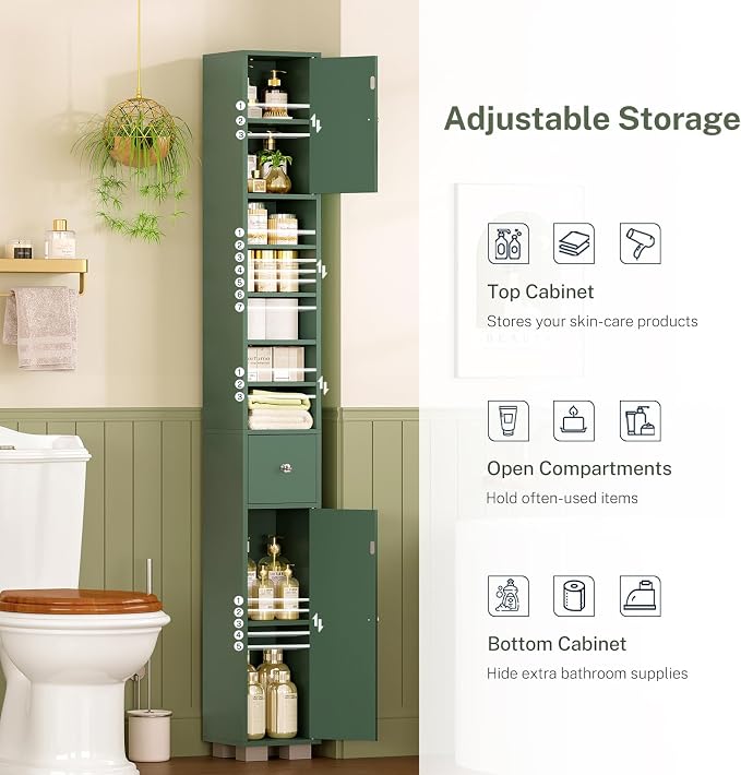 TEENFON Bathroom Cabinet, Narrow Bathroom Storage Cabinet with 5 Adjustable Shelves & Drawer, Freestanding Cupboard for Small Spaces, Green