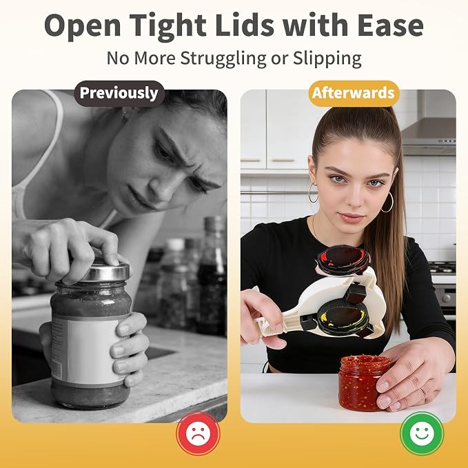 4-in-1 Jar Opener for Weak Hands, Adjustable Lid Opener with Silicone Grip Pad, Easy Open Kitchen Tool for Seniors, Bottles, Caps & Jars