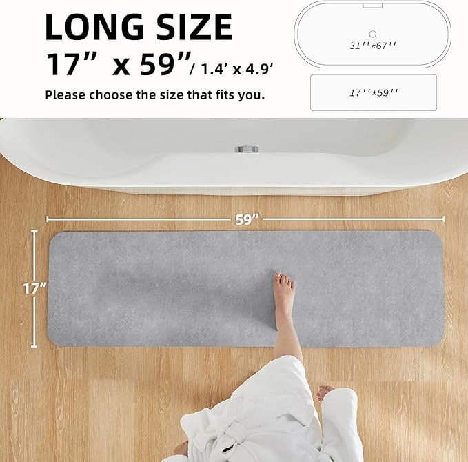 TYUU Bathroom Mat Quick Dry, Bathroom Rugs Non Slip Washable Thin Absorbent Bath Mat Fits Under Door Bathroom Floor Mat Perfect for Bath, Shower, or Sink 17"x59" Light Grey