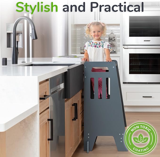 OCODILE Toddler Tower with a Sliding Door and 3 Adjustable Heights - Safe Toddler Kitchen Step Helper with Support Feet - Updated Design for 18+ Months to 6-Year-Old Kids - Gray