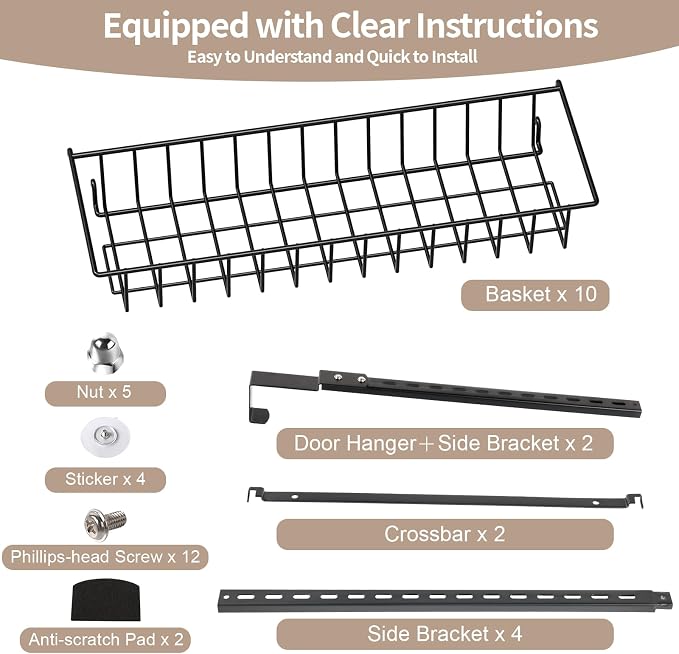 ElegantArray 10-Tier Pantry Door Oragnizer, Over The Door Pantry Organizer Rack and Storage, Hanging Spice Rack Shelves Door, Home Office Laundry Room Bathroom & Kitchen Organization, Black