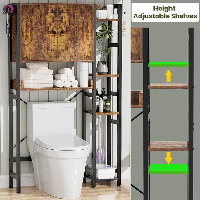 Over The Toilet Storage Cabinet with Doors - 7 Tier Bathroom Organizer with Adjustable Shelf, Freestanding Space Saver Rack Above Toilet Stand with 4 Hooks for Bathroom, Restroom, Laundry, Rustic
