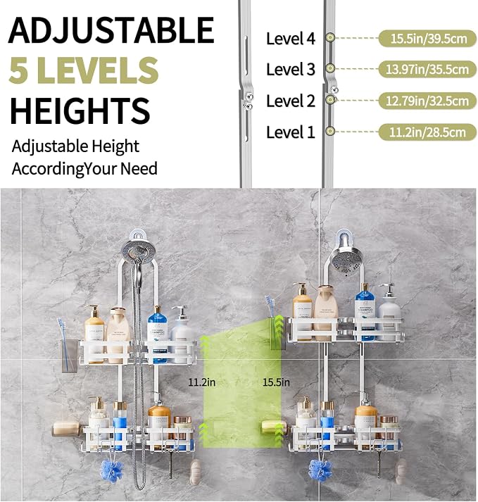 GAOKASE Aluminum Shower Caddy Hanging, Never Rust Shower Organizer- 4 Levels with adjustable Height 10 Hooks for Razor/Sponge - Rack with Soap Basket (Silver)