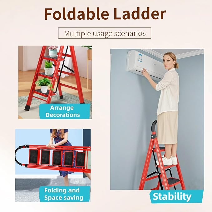 5 Step Folding Ladder, Portable and Compact, Anti-Slip Multi-Use Household Step Ladder for Home, Kitchen, Office, and Garage – Easy Storage, Sturdy and Durable
