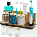 PARKMANI Bathroom Counter Organizer, Bathrooms Toothbrush Holder Set with 3 PCS Qtip Holder, Kids Electric Toothbrush and Toothpaste Holder Organizer Drainage for Bathroom Accessories (Wood Grain)