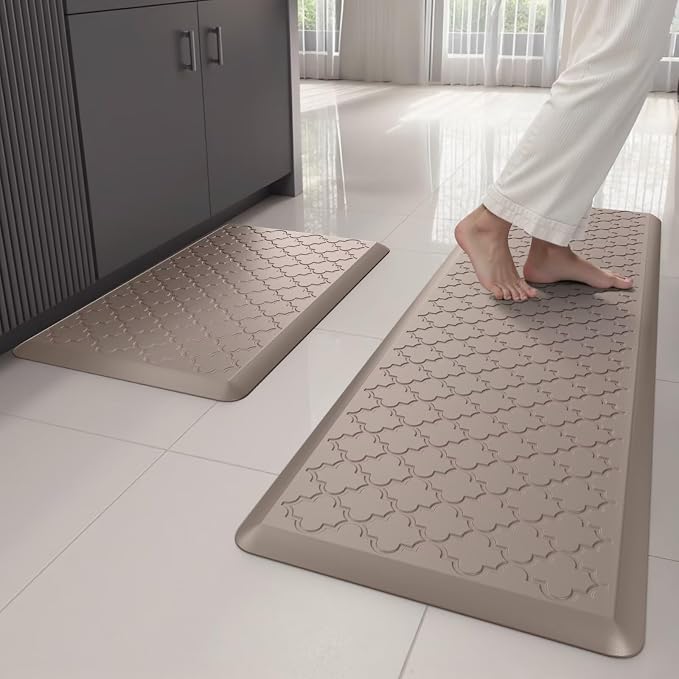 Kitchen Mats for Floor 2 Piece - Anti Fatigue Mats for Kitchen Floor - Non Slip Cushioned Rugs for Standing, Office, Sink, Laundry, Khaki