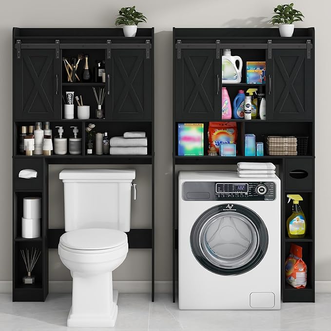 Vabches Over The Toilet Storage Cabinet, Farmhouse Storage Cabinet Over Toilet with Sliding Doors & Toilet Paper Holder Stand，Home Space-Saving Toilet Rack, for Bathroom, Laundry and Restroom.Black
