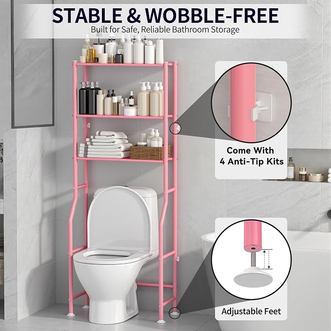 3-Tier Over The Toilet Storage, Freestanding Metal Bathroom Shelves, Space Saver Above The Over Toilet Storage Shelf for Bathroom (Pink)