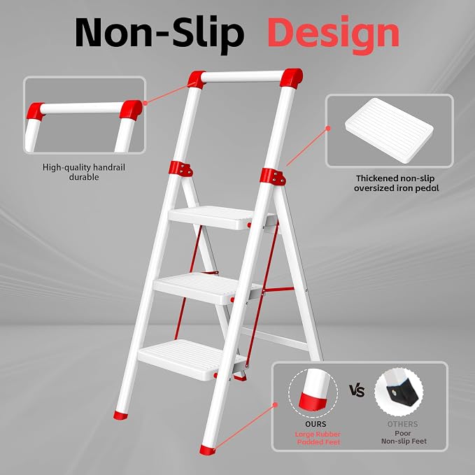 Foldable Step Ladder Stool for Home,3 Step Stool with Wide Anti-Slip Pedal, Heavy Duty 600Lbs Ladder for Indoor Kitchen Closet Stair Use, White Red